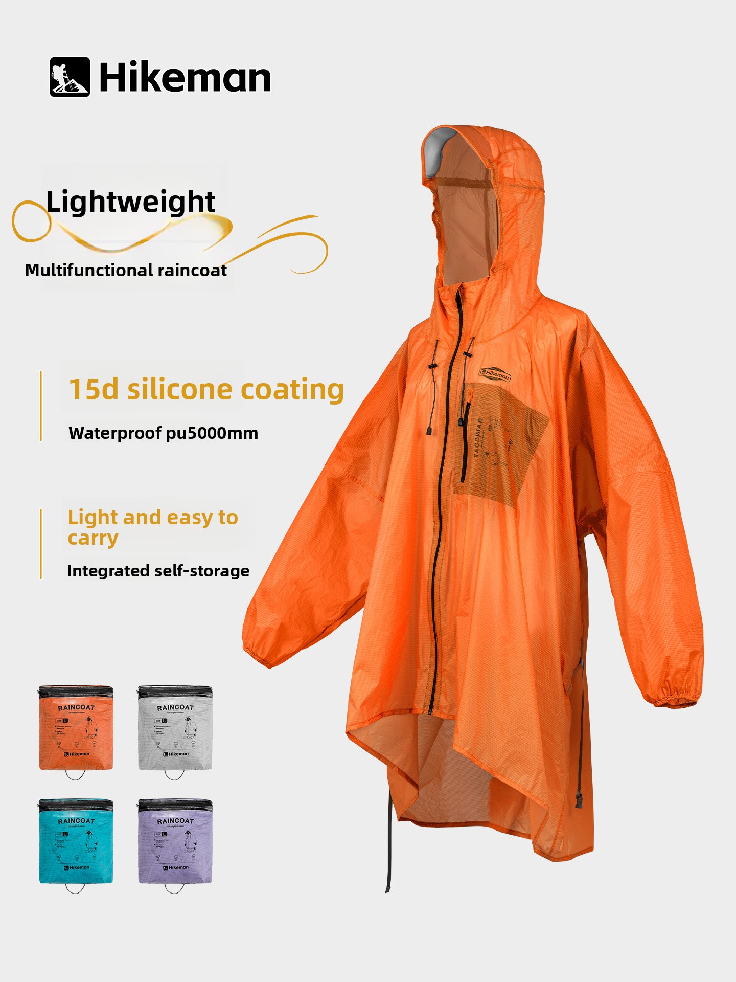 Camping Rain Poncho - Tuta antipioggia leggera monopezzo con cerniera